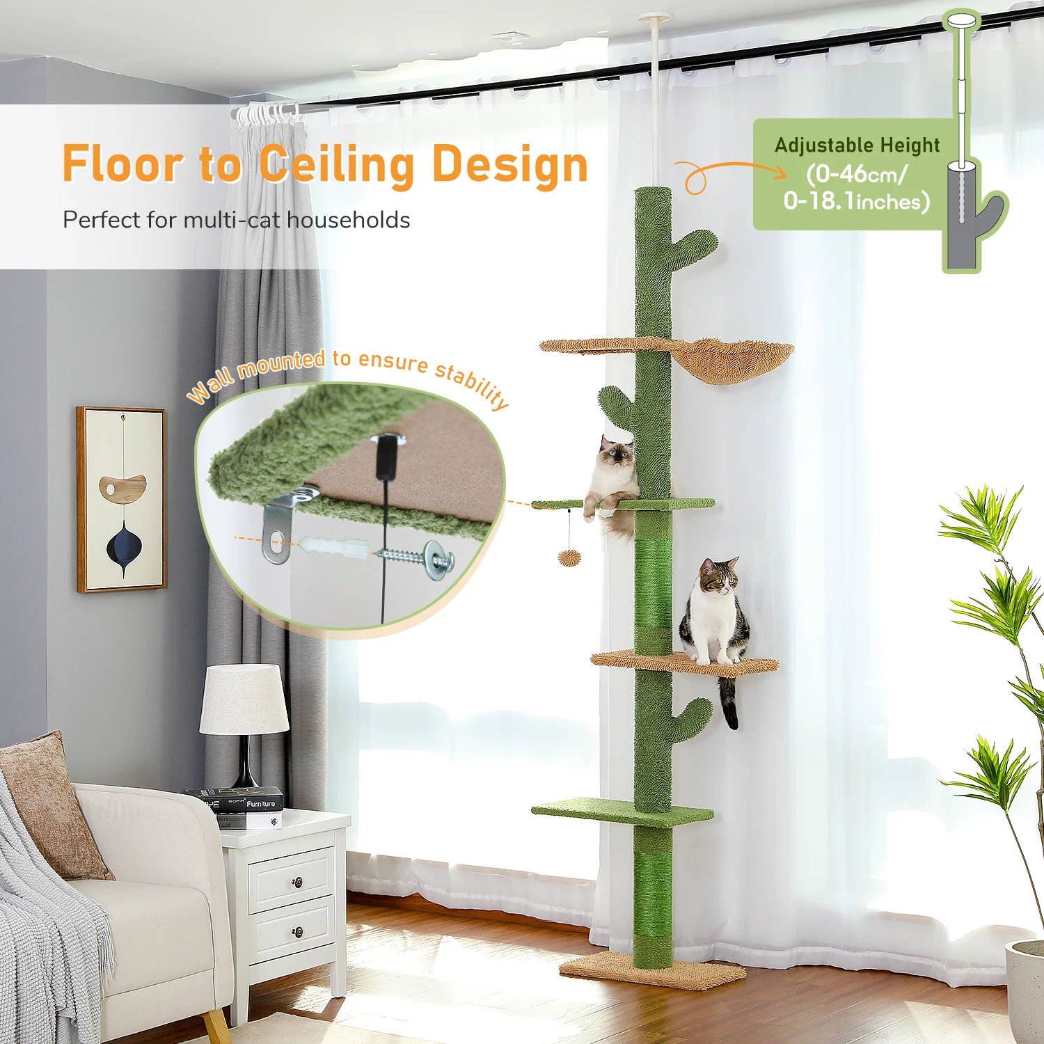 Cat Tree 5-Tier Floor to Ceiling Cat Tower Cactus Tall Climbing Tree with Scratching Post Hammock Dangling Ball for