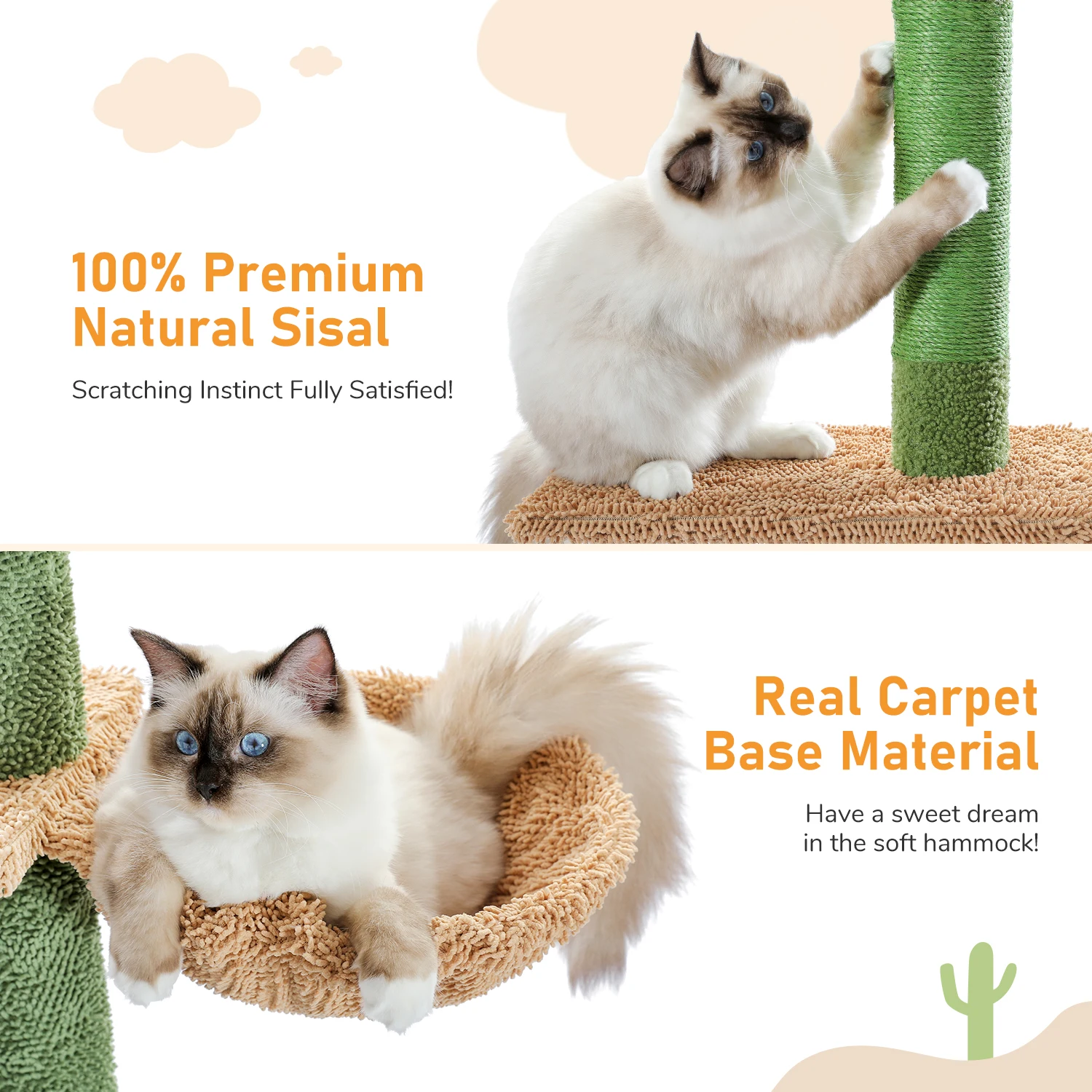 Cat Tree 5-Tier Floor to Ceiling Cat Tower Cactus Tall Climbing Tree with Scratching Post Hammock Dangling Ball for
