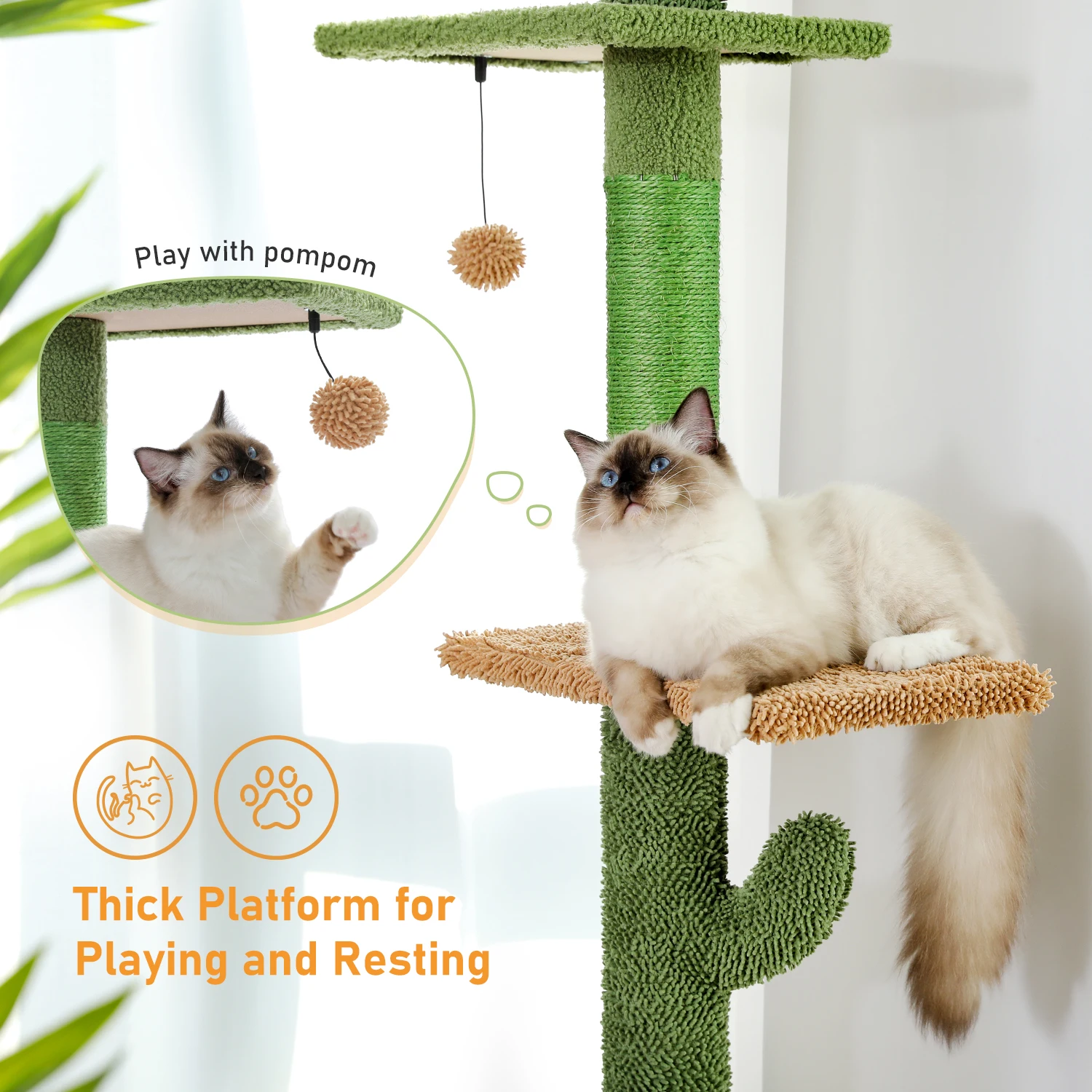 Cat Tree 5-Tier Floor to Ceiling Cat Tower Cactus Tall Climbing Tree with Scratching Post Hammock Dangling Ball for