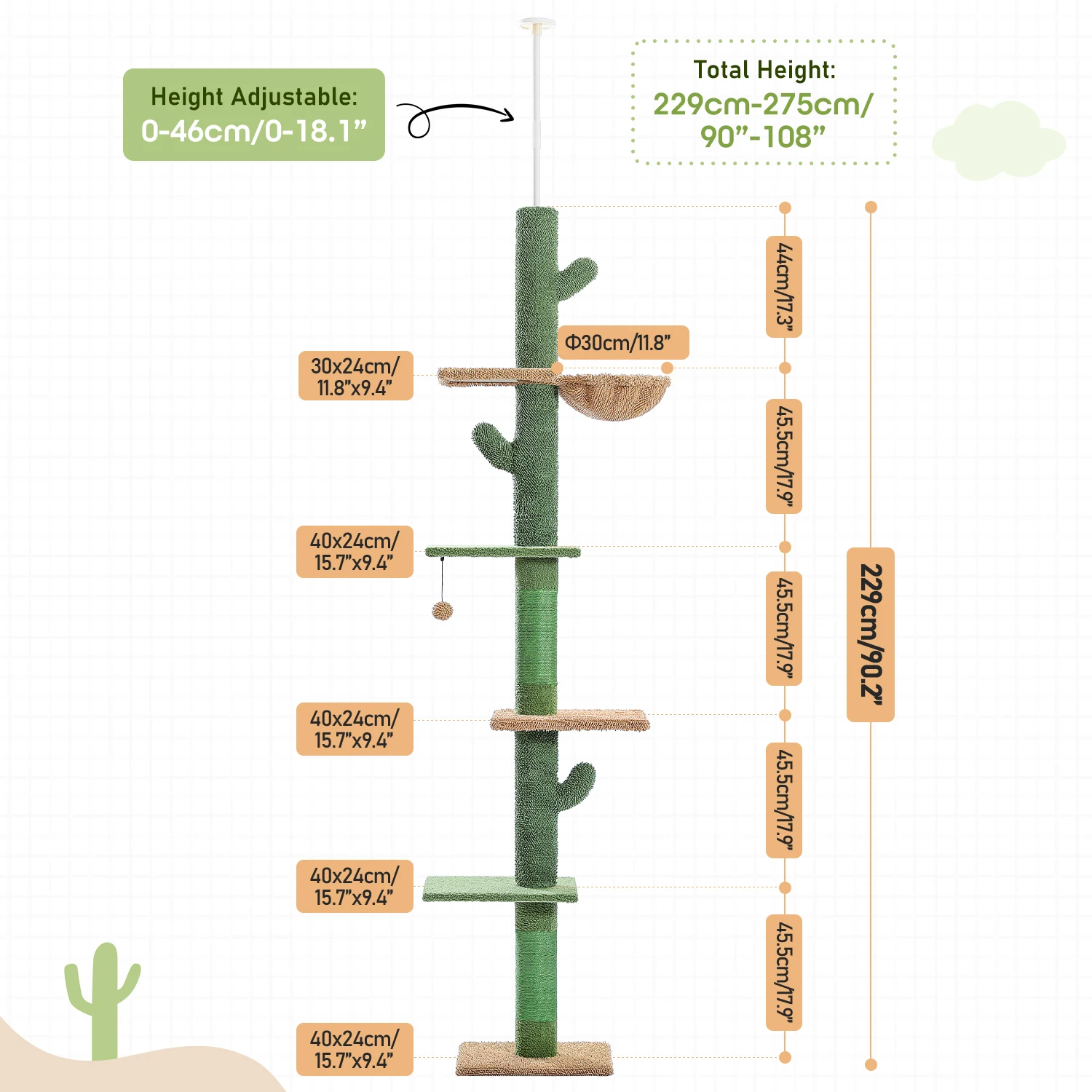 Cat Tree 5-Tier Floor to Ceiling Cat Tower Cactus Tall Climbing Tree with Scratching Post Hammock Dangling Ball for