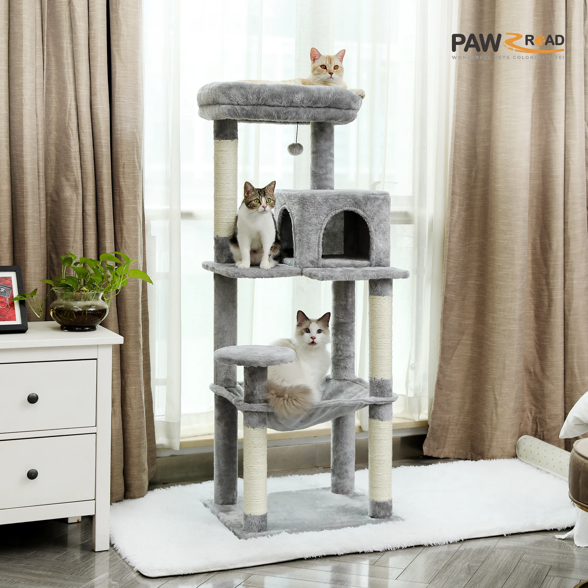 Cat Tree for Indoor Cats 5-Level Cat Tower for Large Cats with Large Hammock Sisal Covered Scratching Posts Cozy Condo
