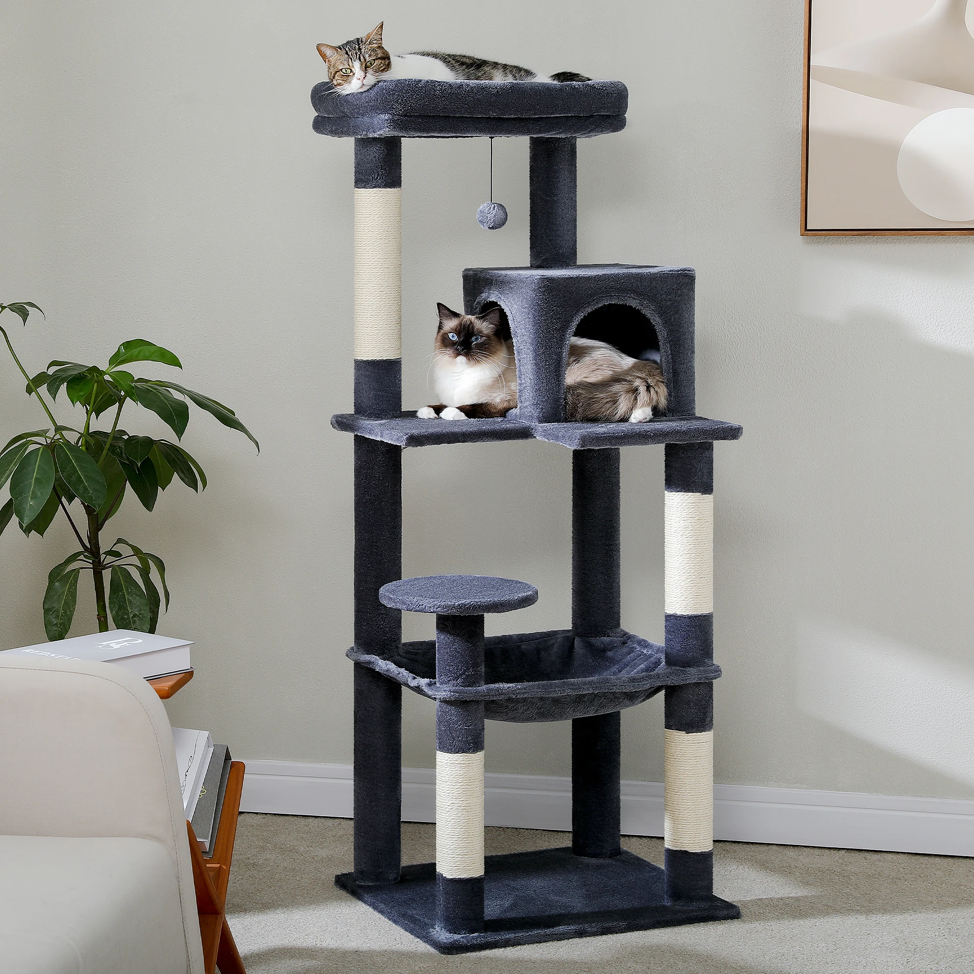 Cat Tree for Indoor Cats 5-Level Cat Tower for Large Cats with Large Hammock Sisal Covered Scratching Posts Cozy Condo