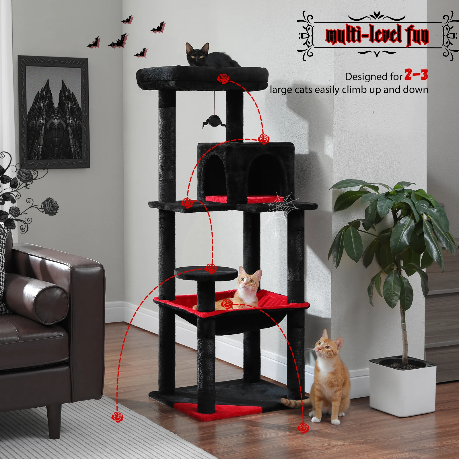 Cat Tree for Indoor Cats 5-Level Cat Tower for Large Cats with Large Hammock Sisal Covered Scratching Posts Cozy Condo