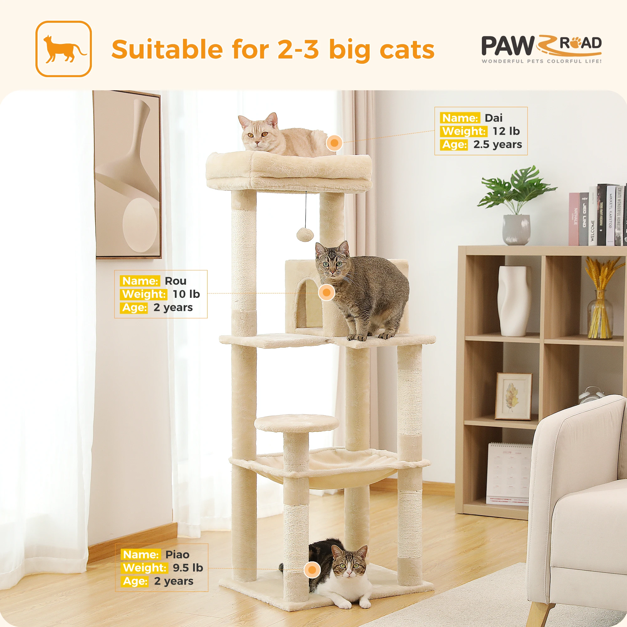Cat Tree for Indoor Cats 5-Level Cat Tower for Large Cats with Large Hammock Sisal Covered Scratching Posts Cozy Condo
