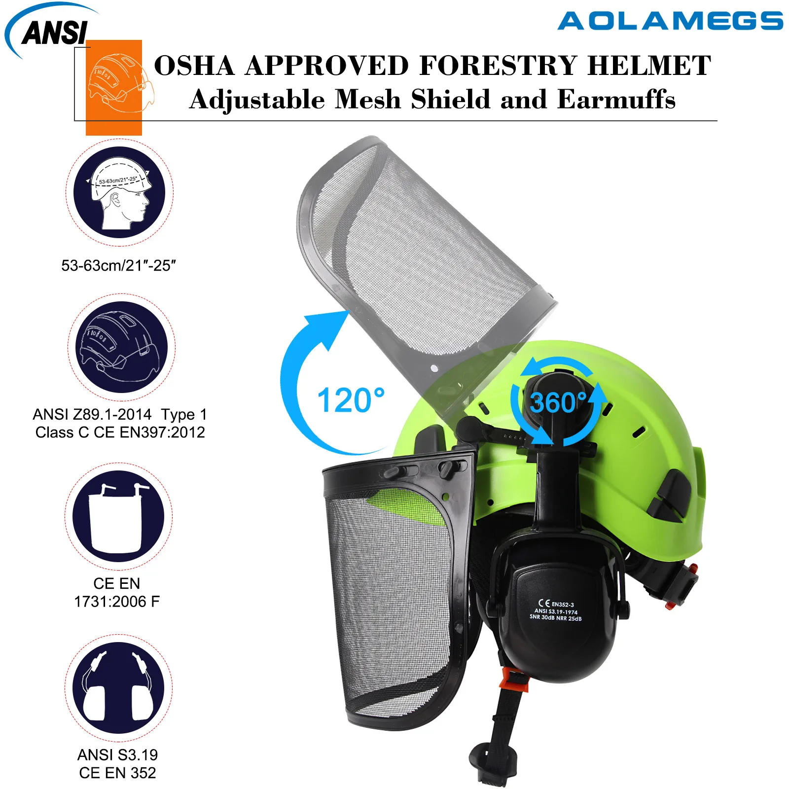 CE Forestry Safety Helmet w/ Earmuffs Face Shield ABS ANSI Logging Industrial Hard Hat 3 in 1 Brushcutter Trimmer