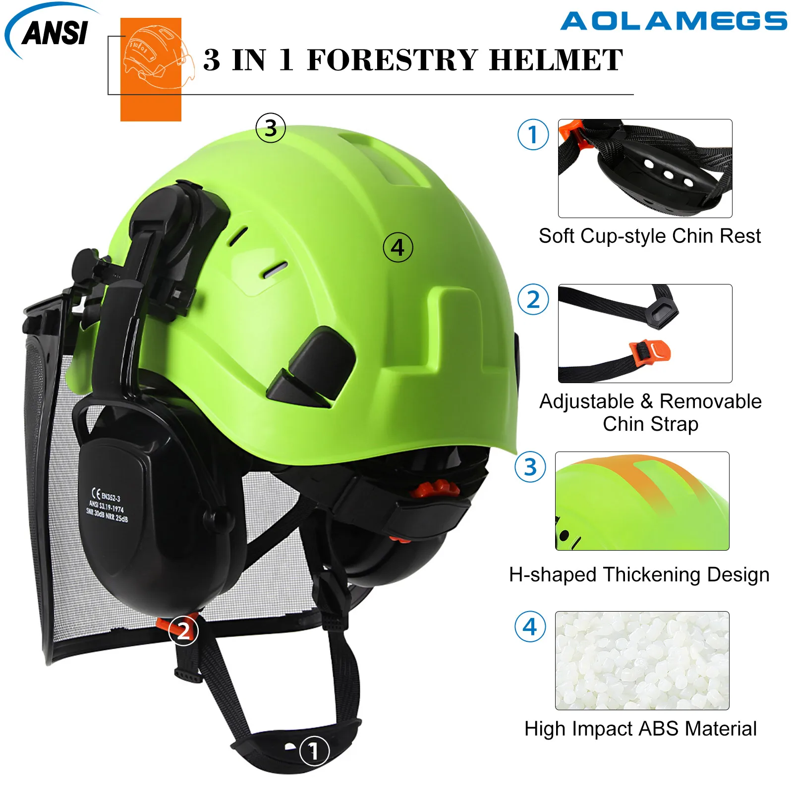 CE Forestry Safety Helmet w/ Earmuffs Face Shield ABS ANSI Logging Industrial Hard Hat 3 in 1 Brushcutter Trimmer