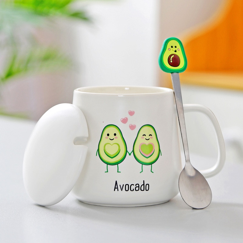 Ceramic 400ml Avocado Mug with Lid and Spoon