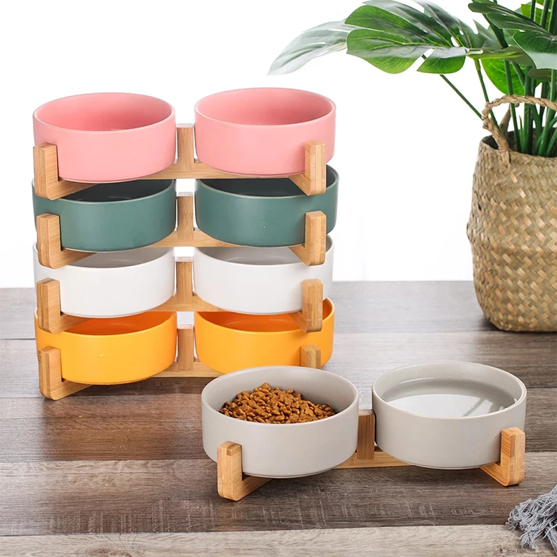 Ceramic Dog Bowls with Wood Stand