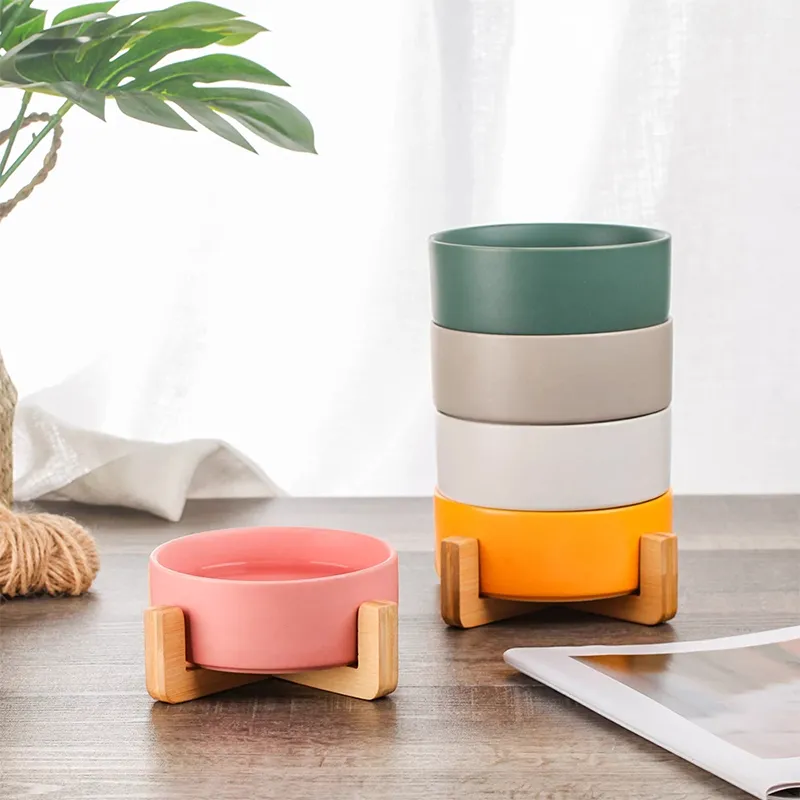 Ceramic Dog Bowls with Wood Stand
