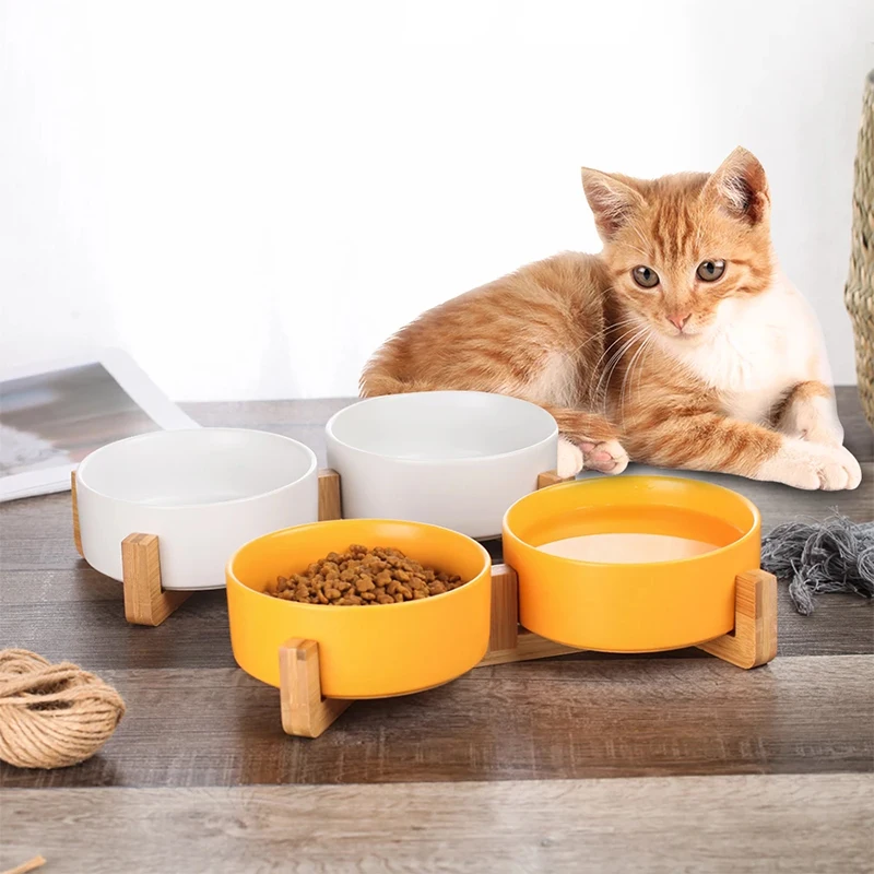 Ceramic Dog Bowls with Wood Stand
