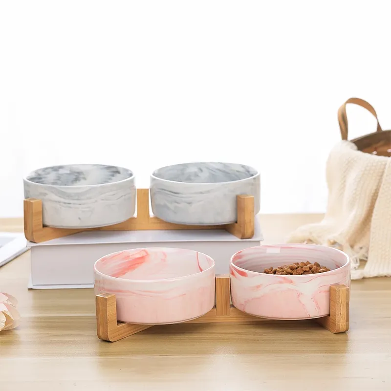 Ceramic Dog Bowls with Wood Stand