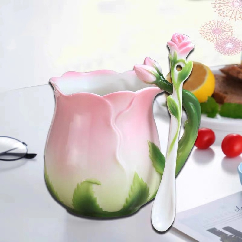 Ceramic Flower Mug with Spoon