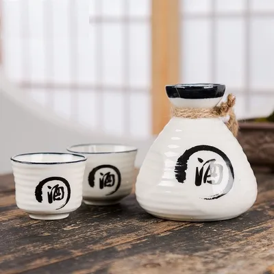 Ceramic Sake Pot with Two Cups