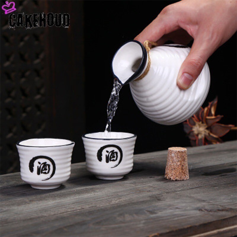Ceramic Sake Pot with Two Cups