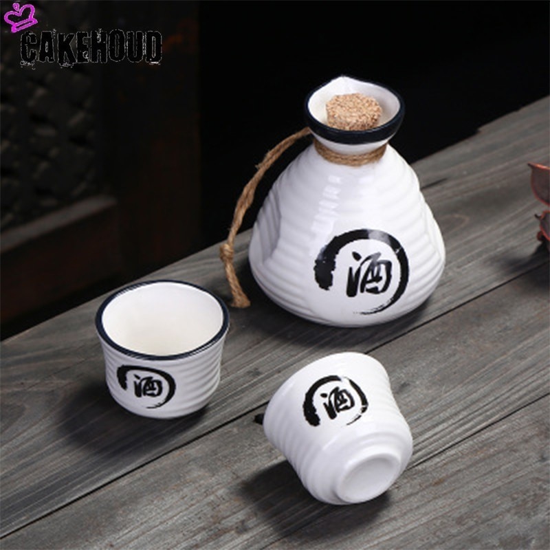 Ceramic Sake Pot with Two Cups
