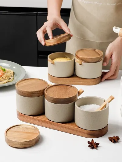 Ceramic Salt Jar with a Wooden Lid and Spoon Ceramic Salt Jar with a Wooden Lid and Spoon