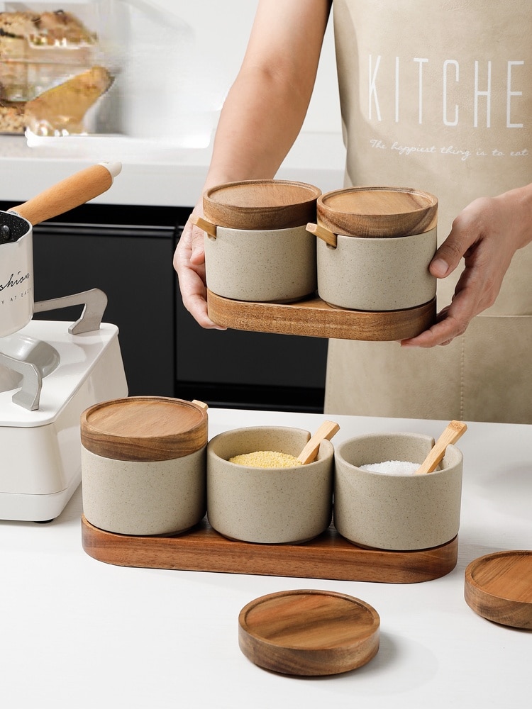 Ceramic Salt Jar with a Wooden Lid and Spoon Ceramic Salt Jar with a Wooden Lid and Spoon