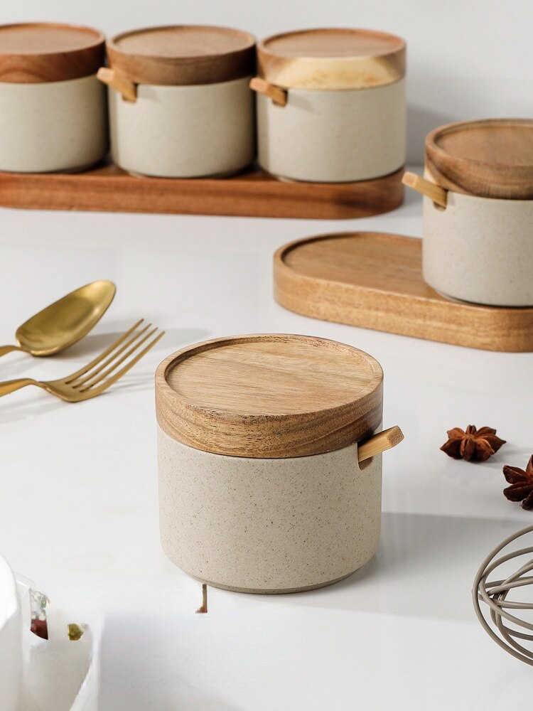 Ceramic Salt Jar with a Wooden Lid and Spoon Ceramic Salt Jar with a Wooden Lid and Spoon