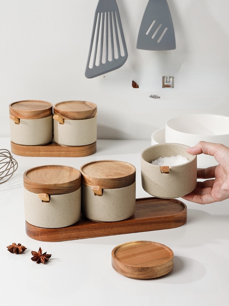 Ceramic Salt Jar with a Wooden Lid and Spoon Ceramic Salt Jar with a Wooden Lid and Spoon