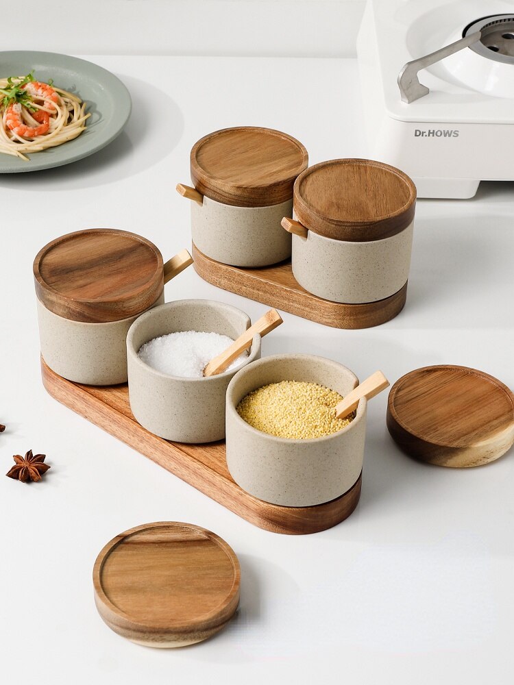 Ceramic Salt Jar with a Wooden Lid and Spoon Ceramic Salt Jar with a Wooden Lid and Spoon
