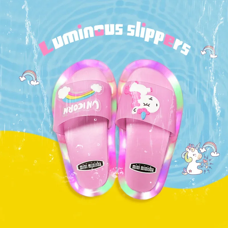 Children's Boys Girls Slippers Cartoon Unicorn Animals Prints Shoes Lighted Fashion Cute Shoes Bathroom Kids Toddler