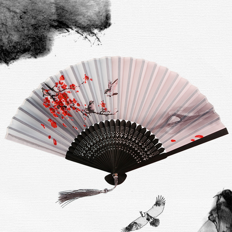 Chinese Japanese Silk Folding Fan Wooden Shank Classical Dance Fan High Quality Tassel Elegent Female Fan Home Chinese Japanese Silk Folding Fan Wooden Shank Classical Dance Fan High Quality Tassel Elegent Female Fan Home