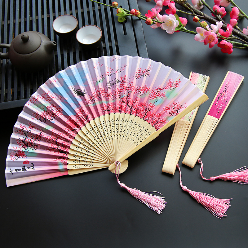 Chinese Japanese Silk Folding Fan Wooden Shank Classical Dance Fan High Quality Tassel Elegent Female Fan Home Chinese Japanese Silk Folding Fan Wooden Shank Classical Dance Fan High Quality Tassel Elegent Female Fan Home