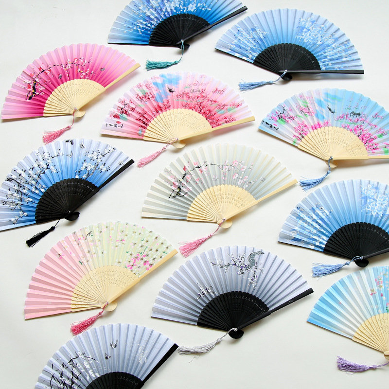 Chinese Japanese Silk Folding Fan Wooden Shank Classical Dance Fan High Quality Tassel Elegent Female Fan Home Chinese Japanese Silk Folding Fan Wooden Shank Classical Dance Fan High Quality Tassel Elegent Female Fan Home