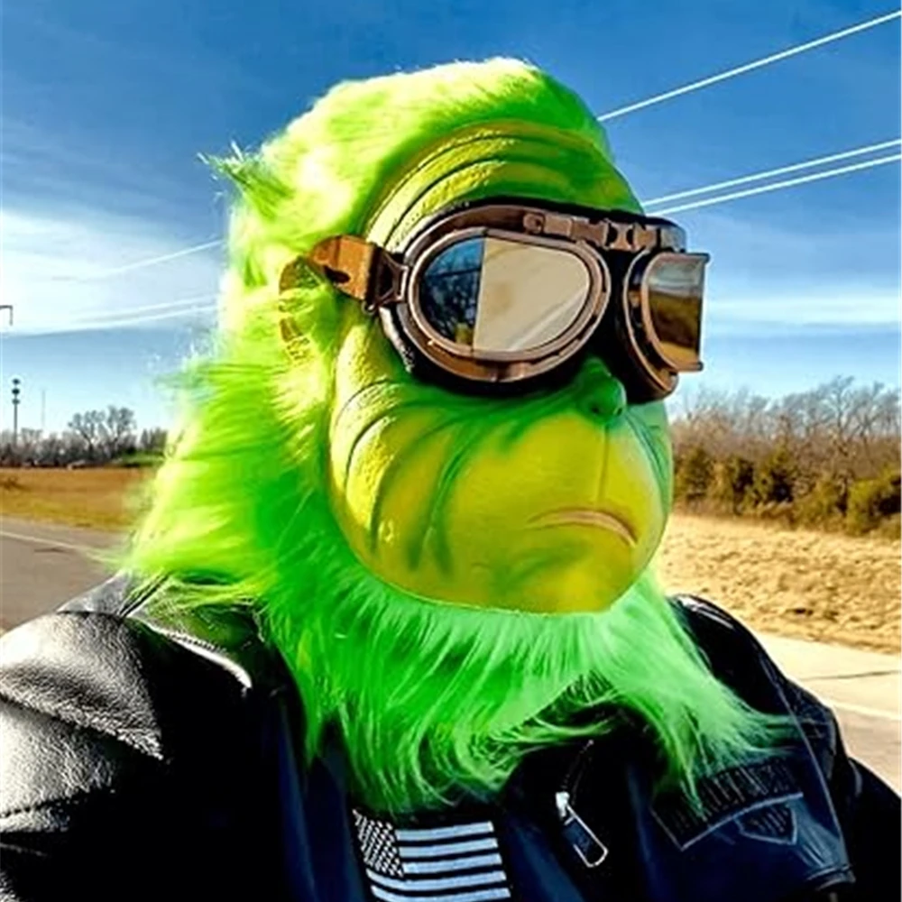 Christmas Green Thief Monster Mask Latex Full Head Mask With Red Santa Hat Cosplay Halloween Fancy Dress Party Prop