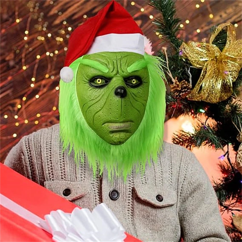 Christmas Green Thief Monster Mask Latex Full Head Mask With Red Santa Hat Cosplay Halloween Fancy Dress Party Prop Christmas Green Thief Monster Mask Latex Full Head Mask With Red Santa Hat Cosplay Halloween Fancy Dress Party Prop