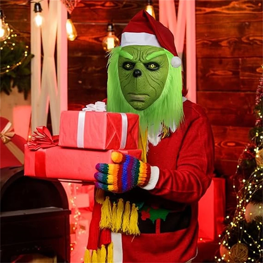 Christmas Green Thief Monster Mask Latex Full Head Mask With Red Santa Hat Cosplay Halloween Fancy Dress Party Prop Christmas Green Thief Monster Mask Latex Full Head Mask With Red Santa Hat Cosplay Halloween Fancy Dress Party Prop