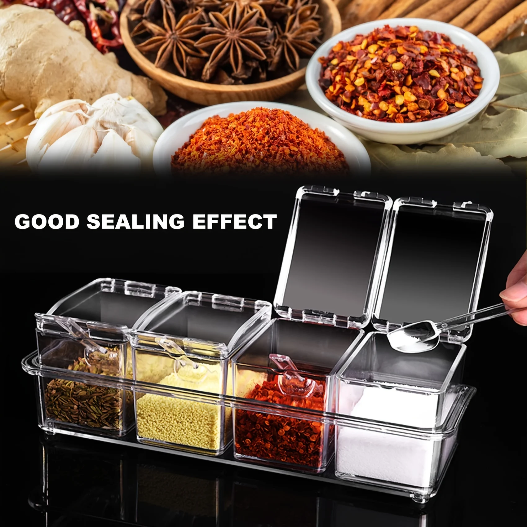 Clear Seasoning Box Set of 4 Crystal Seasoning Storage Container with Spoon Clear Seasoning Rack Spice Pots for Pepper