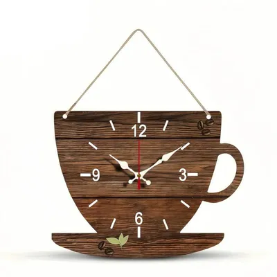 Coffee Cup Shaped Wooden Silent Hanging Wall Clock,Wood Grain Design Suitable For Living Room,Study Room,Bedroom,Home