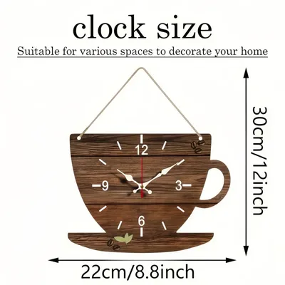Coffee Cup Shaped Wooden Silent Hanging Wall Clock,Wood Grain Design Suitable For Living Room,Study Room,Bedroom,Home