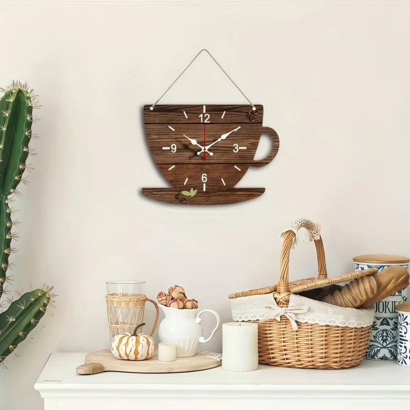 Coffee Cup Shaped Wooden Silent Hanging Wall Clock,Wood Grain Design Suitable For Living Room,Study Room,Bedroom,Home