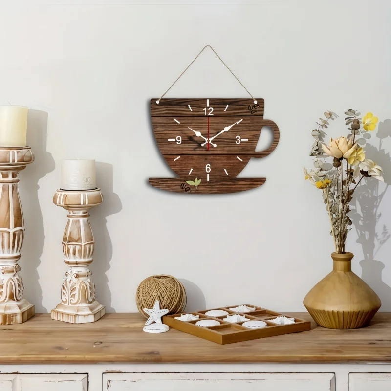 Coffee Cup Shaped Wooden Silent Hanging Wall Clock,Wood Grain Design Suitable For Living Room,Study Room,Bedroom,Home