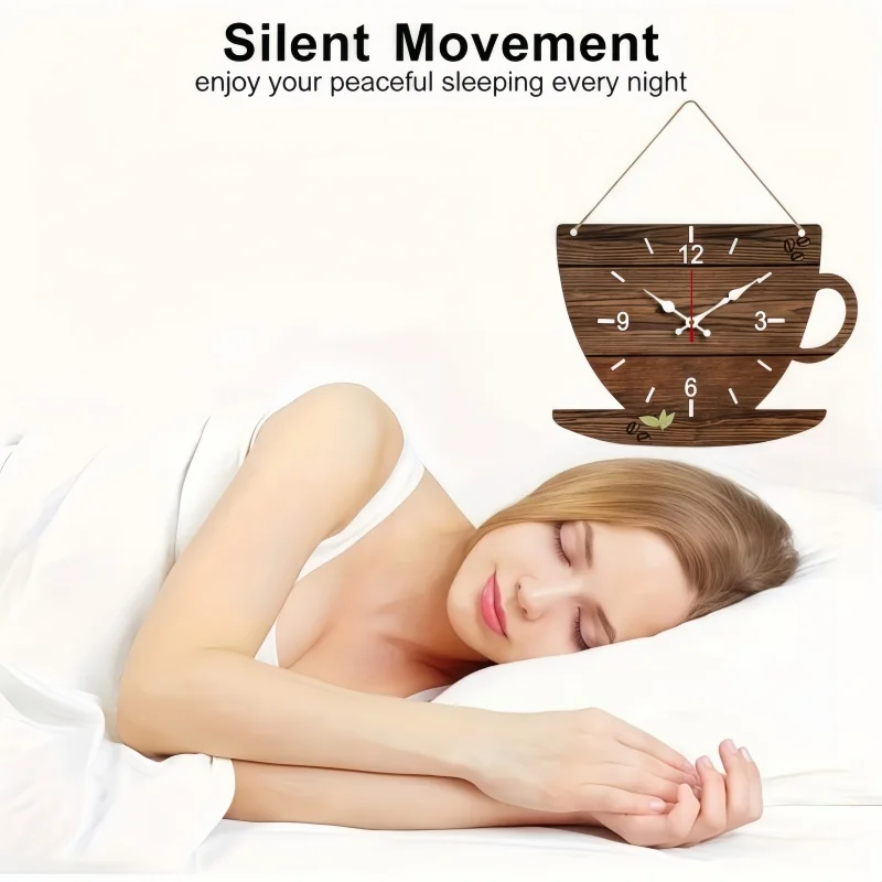 Coffee Cup Shaped Wooden Silent Hanging Wall Clock,Wood Grain Design Suitable For Living Room,Study Room,Bedroom,Home
