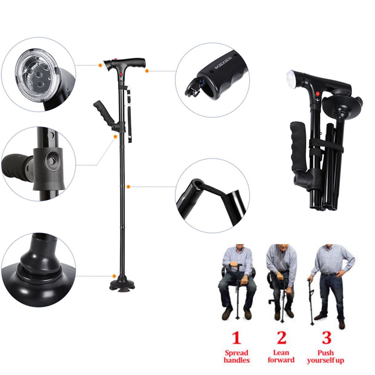 Collapsible Cane with LED Light and Alarm Button Collapsible Cane with LED Light and Alarm Button
