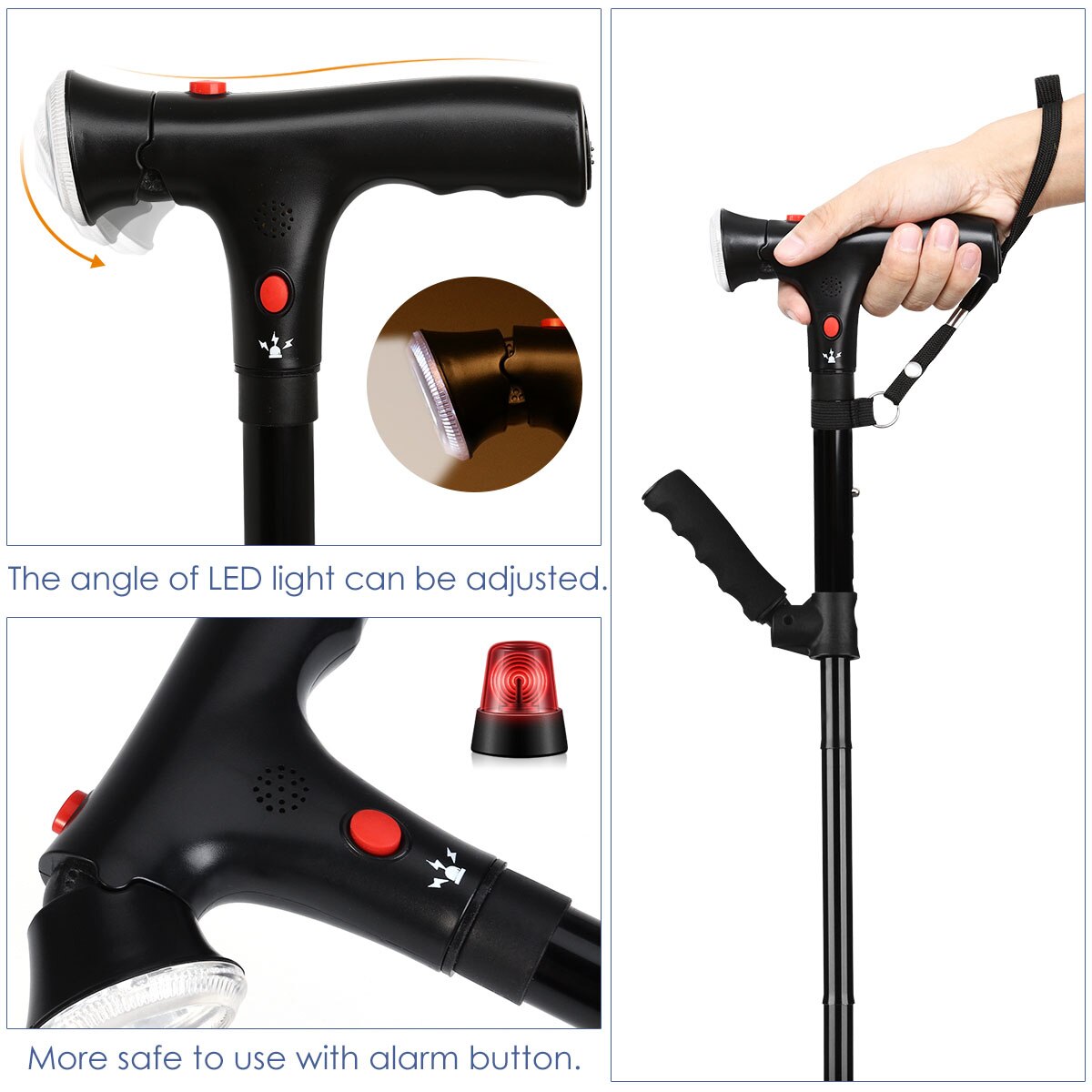 Collapsible Cane with LED Light and Alarm Button Collapsible Cane with LED Light and Alarm Button