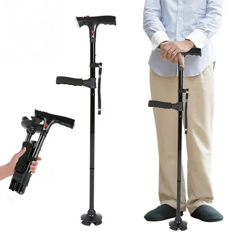 Collapsible LED Walking Cane Telescopic Folding Cane Alarm Walking Trusty Sticks Elder Crutches Double Handle Trekking Collapsible LED Walking Cane Telescopic Folding Cane Alarm Walking Trusty Sticks Elder Crutches Double Handle Trekking
