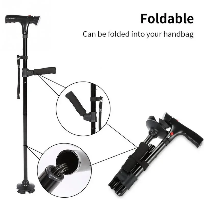 Collapsible LED Walking Cane Telescopic Folding Cane Alarm Walking Trusty Sticks Elder Crutches Double Handle Trekking Collapsible LED Walking Cane Telescopic Folding Cane Alarm Walking Trusty Sticks Elder Crutches Double Handle Trekking