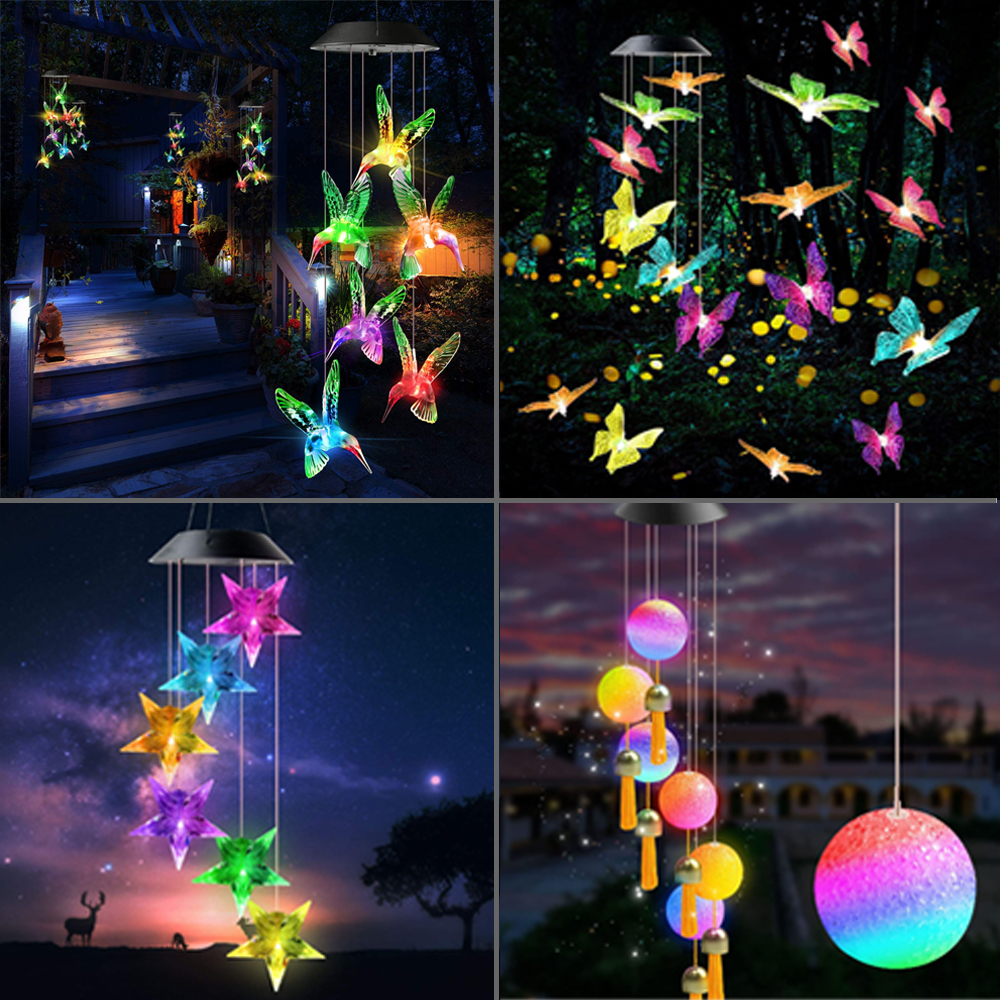 Color Changing Solar Wind Chime Crystal Ball Hummingbird Wind Chime Lamp Waterproof Outdoor Use for Courtyard Garden