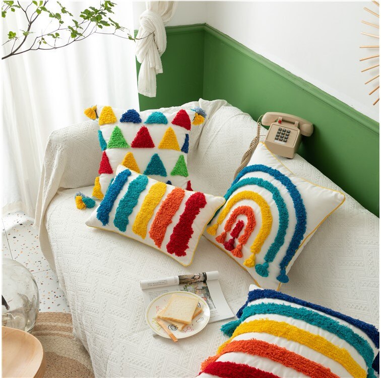 Colorful Embroidery Rainbow Cushion Cover Colorful Embroidery Rainbow Cushion Cover