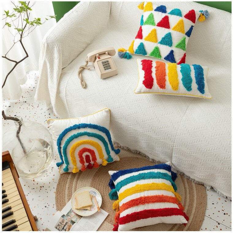 Colorful Embroidery Rainbow Cushion Cover Colorful Embroidery Rainbow Cushion Cover