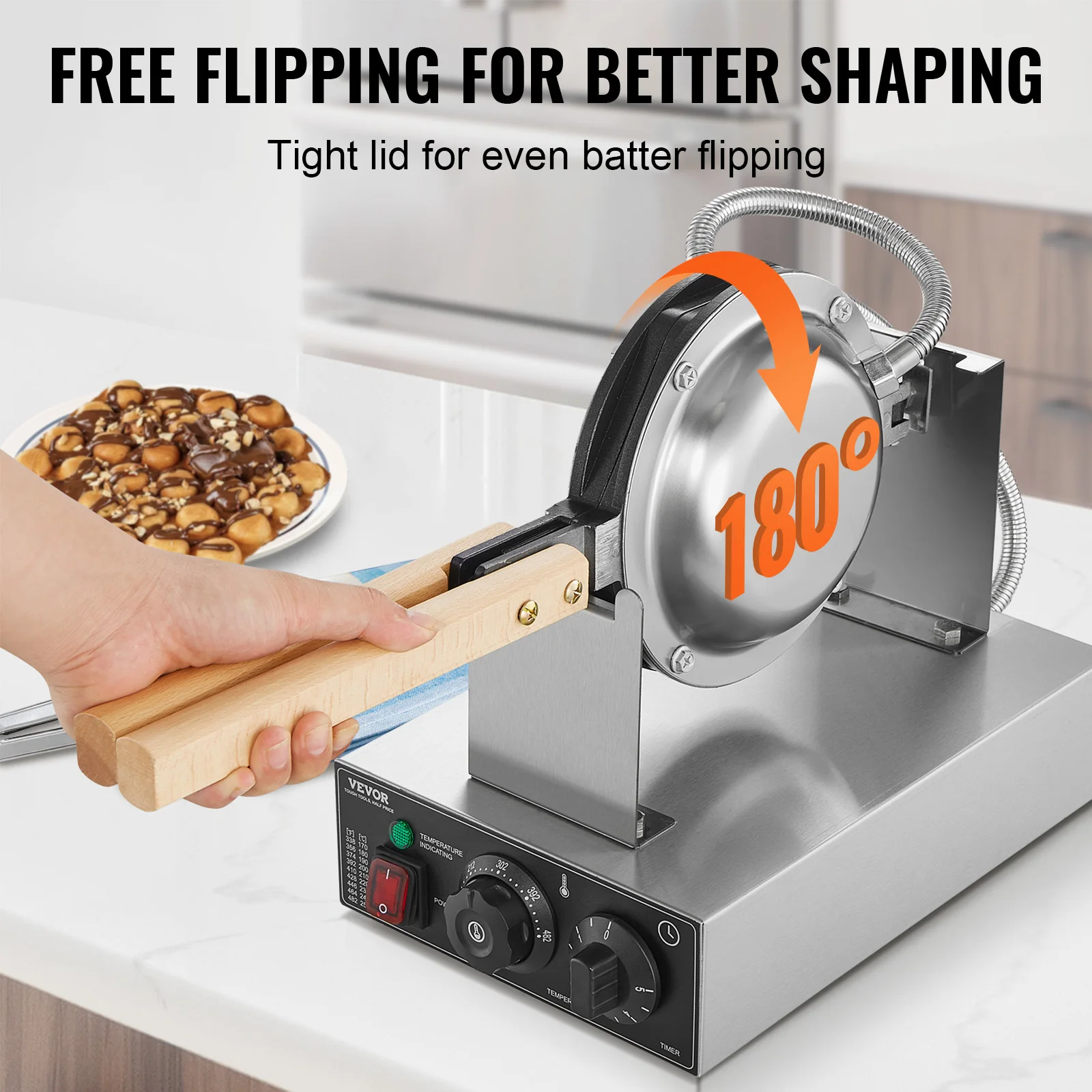 Commercial Egg Bubble Waffle Maker 1400W Non-Stick Stainless Steel Bubble Puff w/180° Rotatable 2 Pans & Wooden Handles