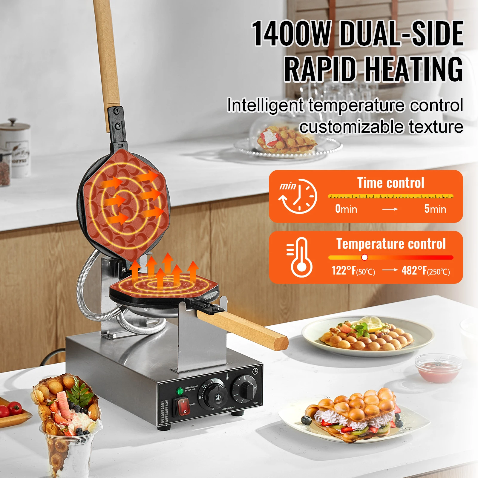Commercial Egg Bubble Waffle Maker 1400W Non-Stick Stainless Steel Bubble Puff w/180° Rotatable 2 Pans & Wooden Handles