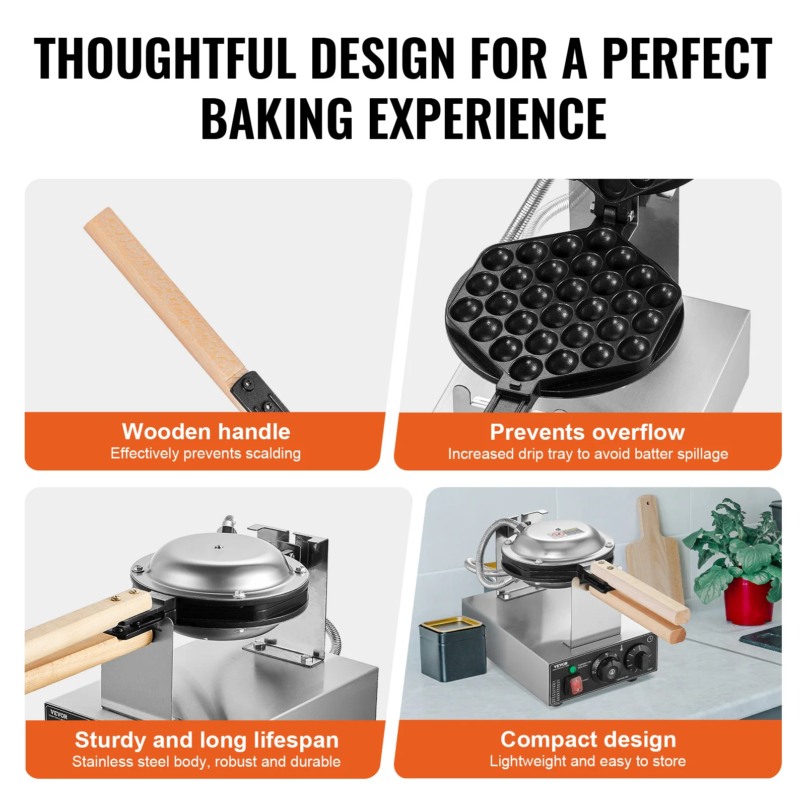 Commercial Egg Bubble Waffle Maker 1400W Non-Stick Stainless Steel Bubble Puff w/180° Rotatable 2 Pans & Wooden Handles