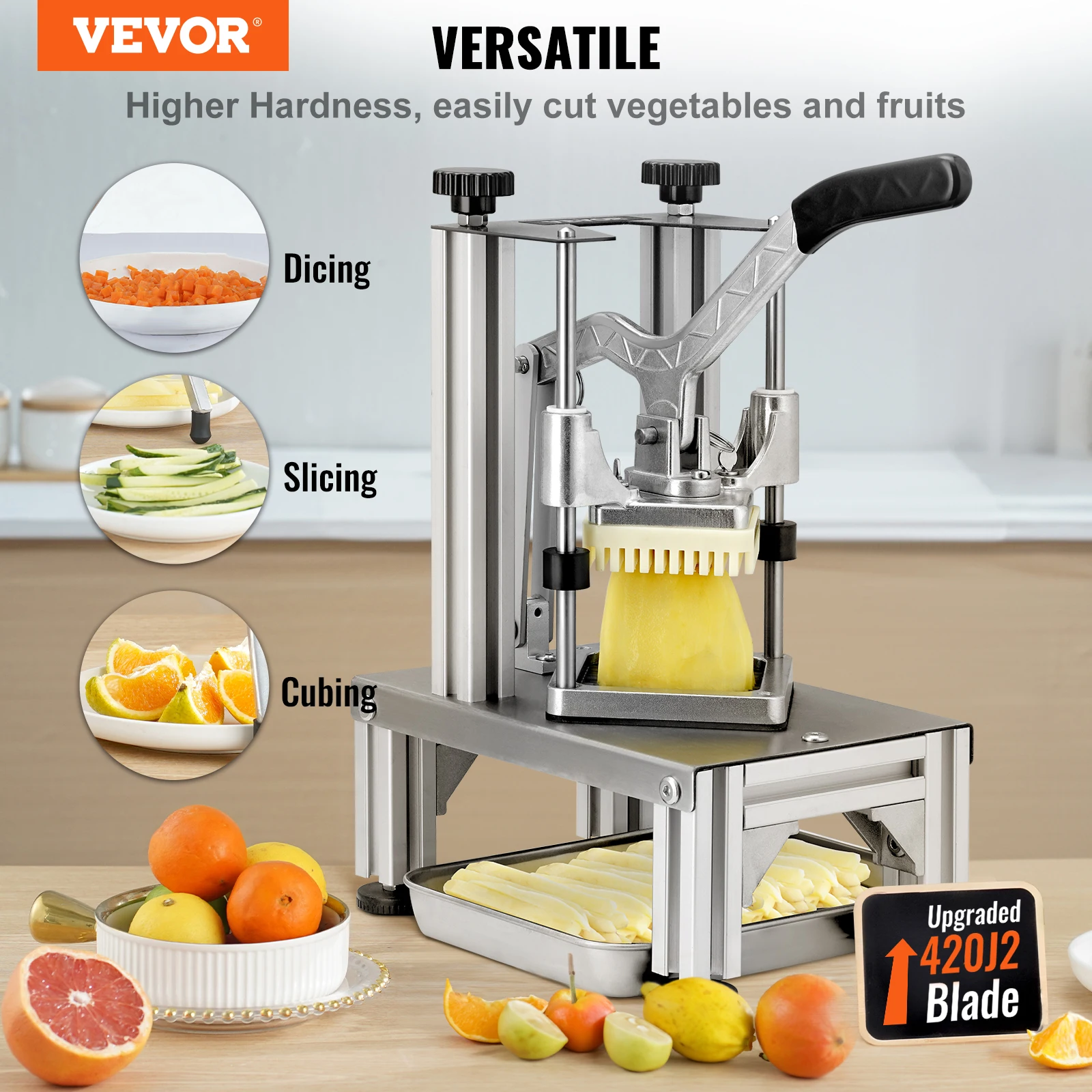 Commercial French Fry Cutter with 4 Replacement Blades Easy Dicer Chopper for French Fries with Tray and Handle Commercial French Fry Cutter with 4 Replacement Blades Easy Dicer Chopper for French Fries with Tray and Handle