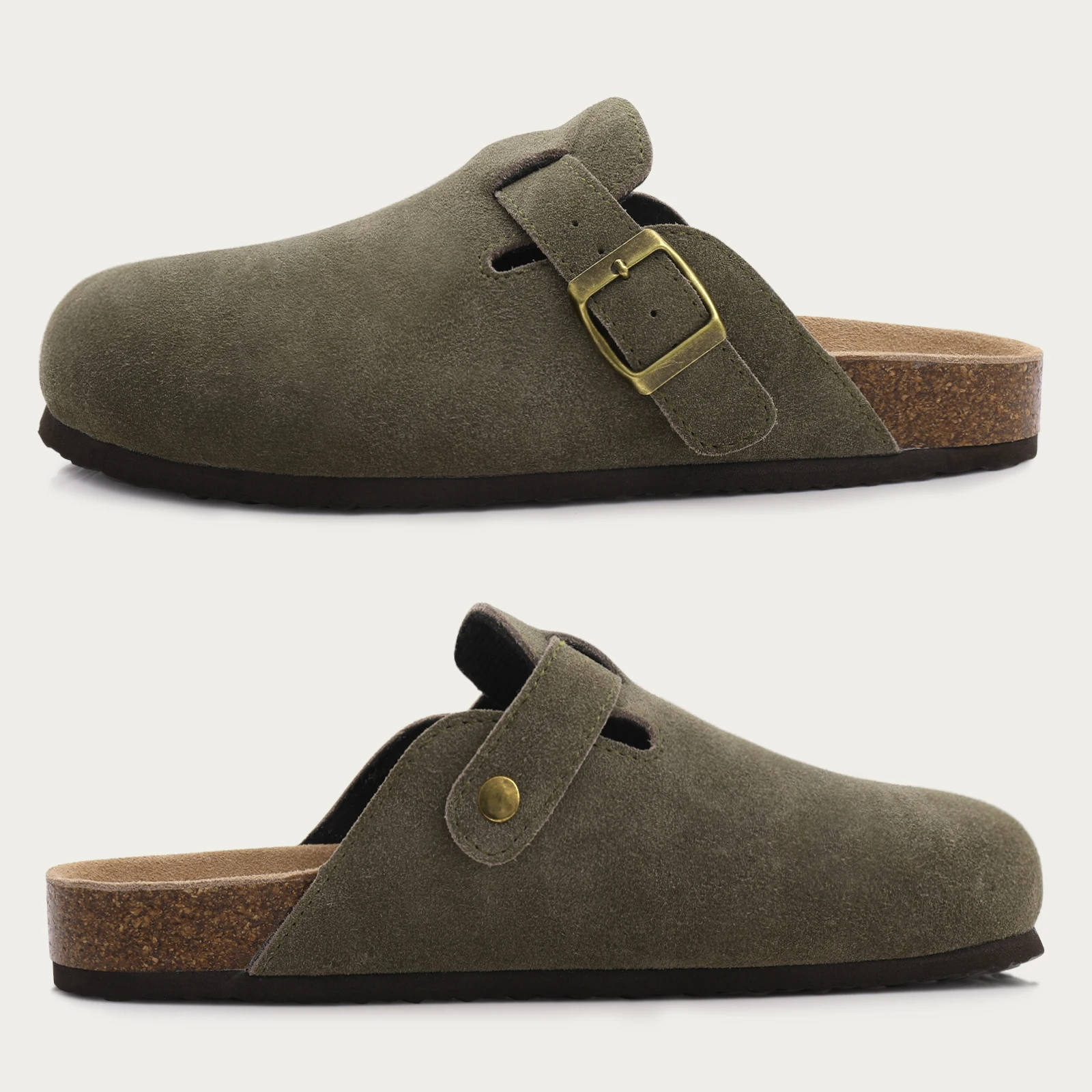 Comwarm Fashion Women's Suede Mules Slippers Men Clogs Cork Insole Sandals With Arch Support Outdoor Beach Slides Home