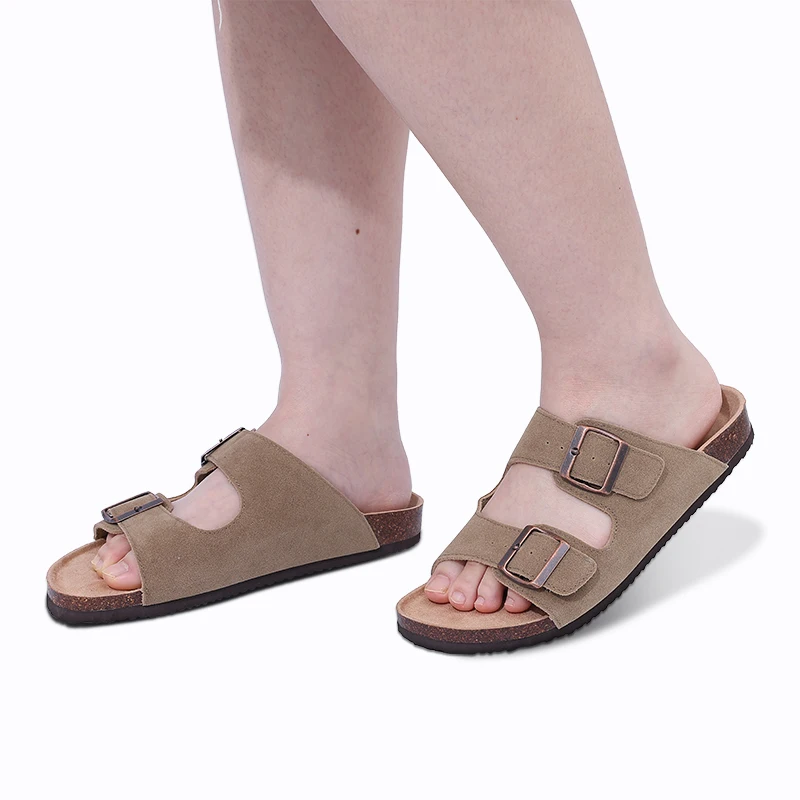 Comwarm Fashion Women's Suede Mules Slippers Men Clogs Cork Insole Sandals With Arch Support Outdoor Beach Slides Home